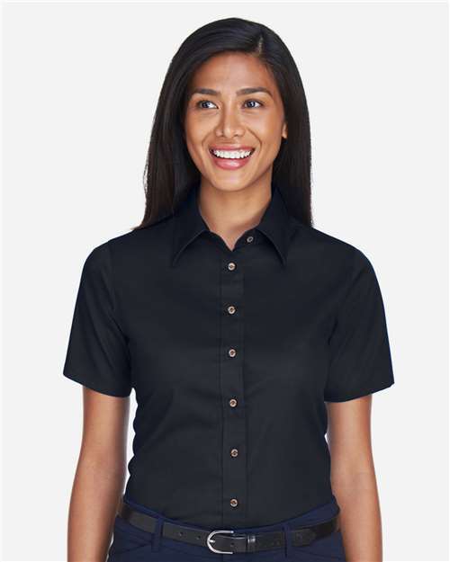 Harriton M500SW Ladies' Easy Blend Short-Sleeve Twill Shirt withStain-Release #color_BLACK