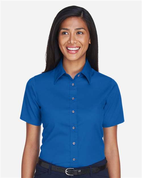 Harriton M500SW Ladies' Easy Blend Short-Sleeve Twill Shirt withStain-Release #color_FRENCH BLUE