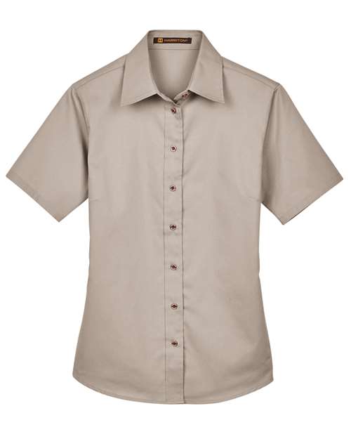 Harriton M500SW Ladies' Easy Blend Short-Sleeve Twill Shirt withStain-Release #color_STONE