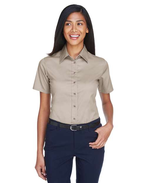 Harriton M500SW Ladies' Easy Blend Short-Sleeve Twill Shirt withStain-Release #color_STONE