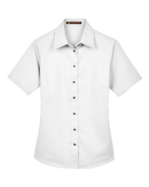 Harriton M500SW Ladies' Easy Blend Short-Sleeve Twill Shirt withStain-Release #color_WHITE