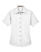 Harriton M500SW Ladies' Easy Blend Short-Sleeve Twill Shirt withStain-Release #color_WHITE