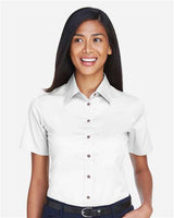 Harriton M500SW Ladies' Easy Blend Short-Sleeve Twill Shirt withStain-Release #color_WHITE