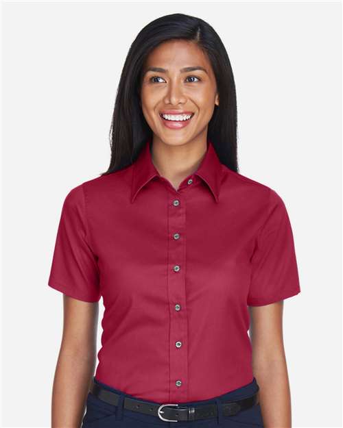 Harriton M500SW Ladies' Easy Blend Short-Sleeve Twill Shirt withStain-Release #color_WINE