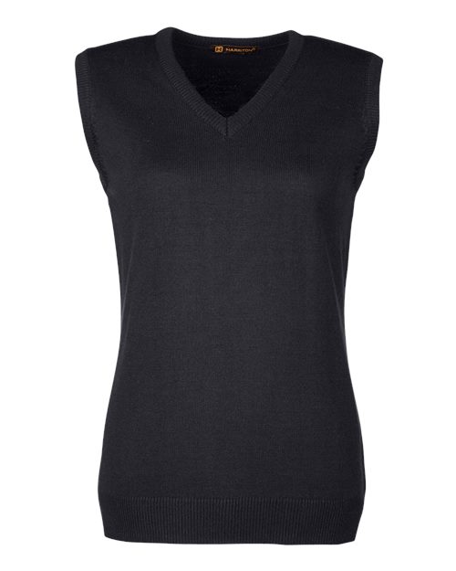 Harriton M415W Ladies' Pilbloc V-Neck Sweater Vest #color_BLACK