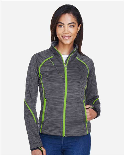North End 78697 Ladies' Flux Mlange Bonded Fleece Jacket #color_CARBON/ ACD GRN