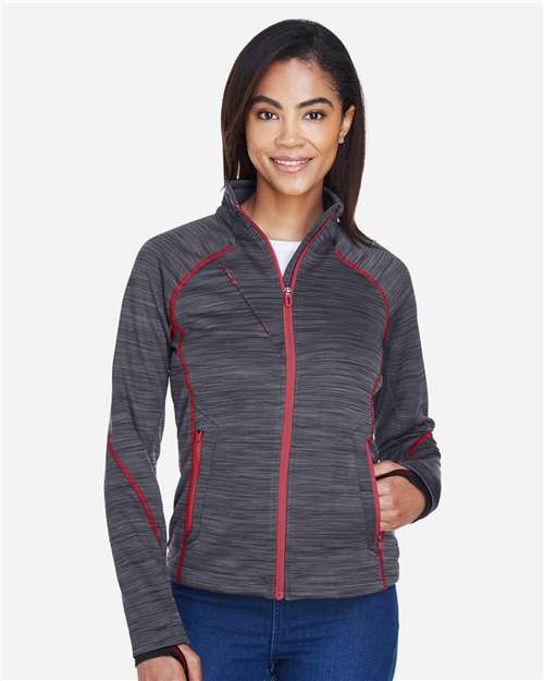 North End 78697 Ladies' Flux Mlange Bonded Fleece Jacket #color_CARBON/ OLY RED