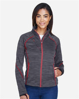 North End 78697 Ladies' Flux Mlange Bonded Fleece Jacket #color_CARBON/ OLY RED