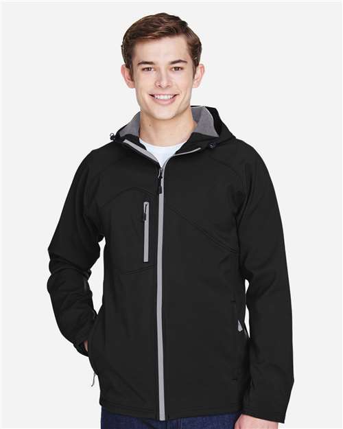 North End 88166 Men's Prospect Two-Layer Fleece Bonded Soft Shell Hooded Jacket #color_BLACK
