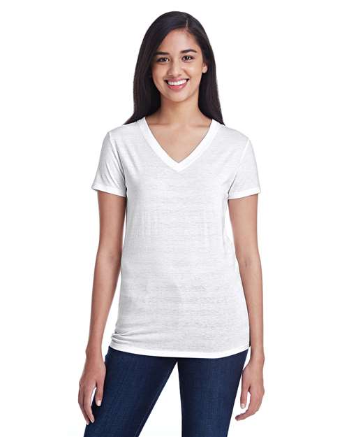 Threadfast Apparel 252RV Ladies' Invisible Stripe V-Neck T-Shirt #color_WHT INVSBL STRP