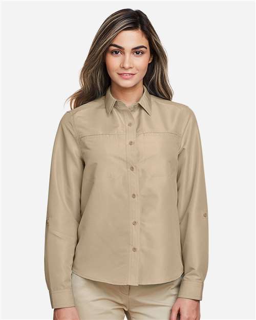 Harriton M580LW Ladies' Key West Long-Sleeve Performance Staff Shirt #color_KHAKI