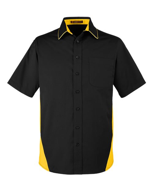 Harriton M586T Men's Tall Flash IL Colorblock Short Sleeve Shirt #color_BLACK/ SNRY YLLW
