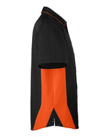 Harriton M586T Men's Tall Flash IL Colorblock Short Sleeve Shirt #color_BLACK/ TM ORANGE