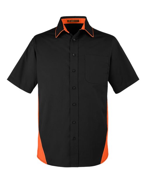 Harriton M586T Men's Tall Flash IL Colorblock Short Sleeve Shirt #color_BLACK/ TM ORANGE