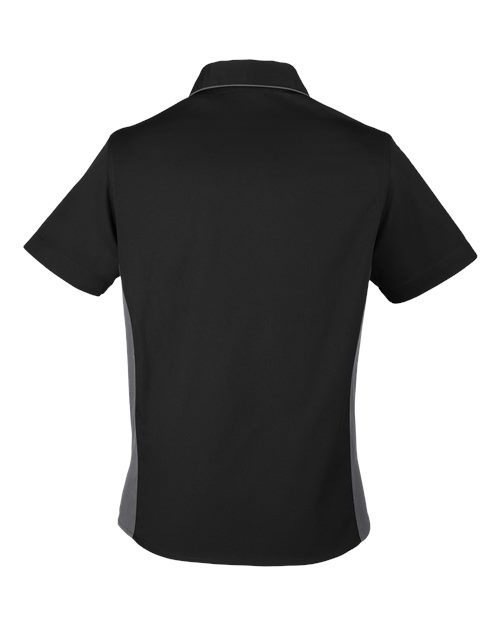 Harriton M586W Ladies' Flash IL Colorblock Short Sleeve Shirt #color_BLACK/ DK CHARCL