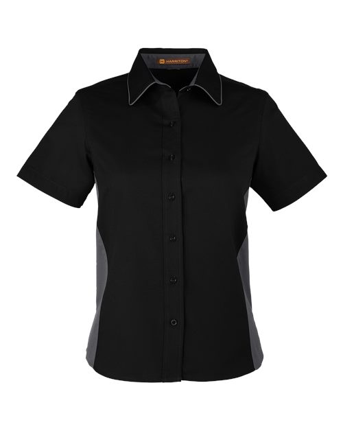 Harriton M586W Ladies' Flash IL Colorblock Short Sleeve Shirt #color_BLACK/ DK CHARCL