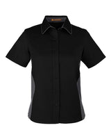 Harriton M586W Ladies' Flash IL Colorblock Short Sleeve Shirt #color_BLACK/ DK CHARCL