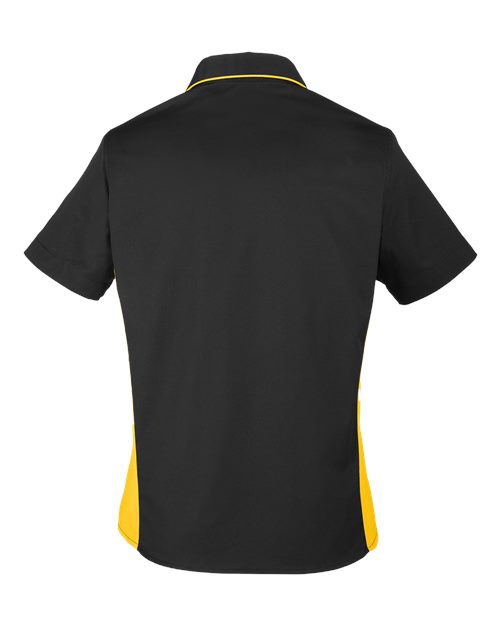Harriton M586W Ladies' Flash IL Colorblock Short Sleeve Shirt #color_BLACK/ SNRY YLLW