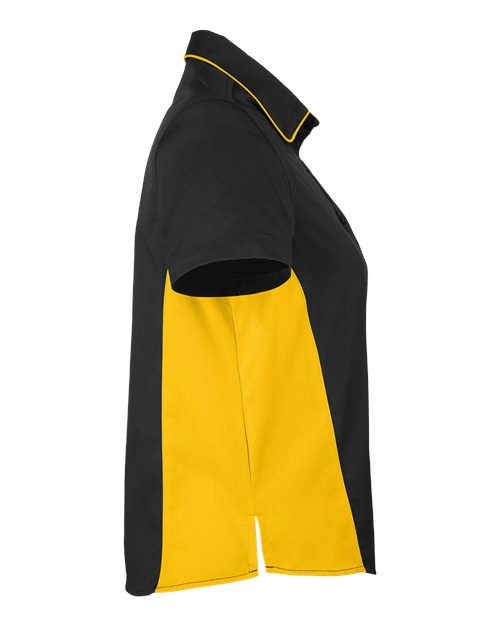 Harriton M586W Ladies' Flash IL Colorblock Short Sleeve Shirt #color_BLACK/ SNRY YLLW