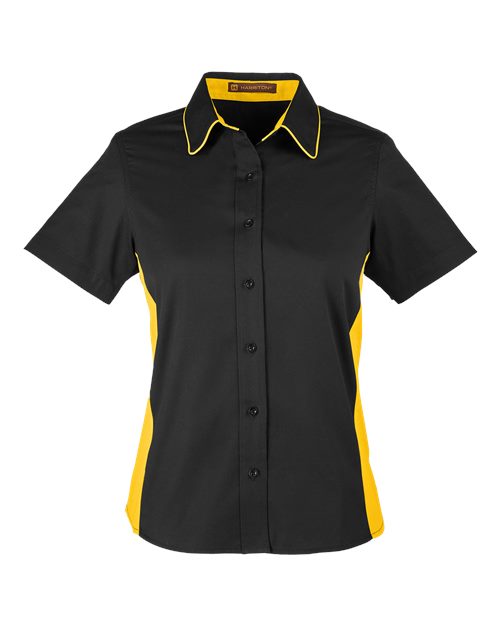 Harriton M586W Ladies' Flash IL Colorblock Short Sleeve Shirt #color_BLACK/ SNRY YLLW