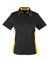 Harriton M586W Ladies' Flash IL Colorblock Short Sleeve Shirt #color_BLACK/ SNRY YLLW