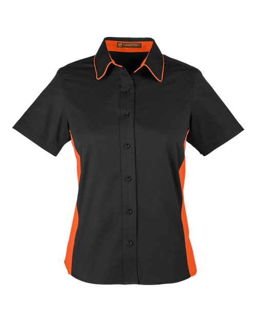 Harriton M586W Ladies' Flash IL Colorblock Short Sleeve Shirt #color_BLACK/ TM ORANGE