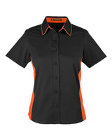 Harriton M586W Ladies' Flash IL Colorblock Short Sleeve Shirt #color_BLACK/ TM ORANGE