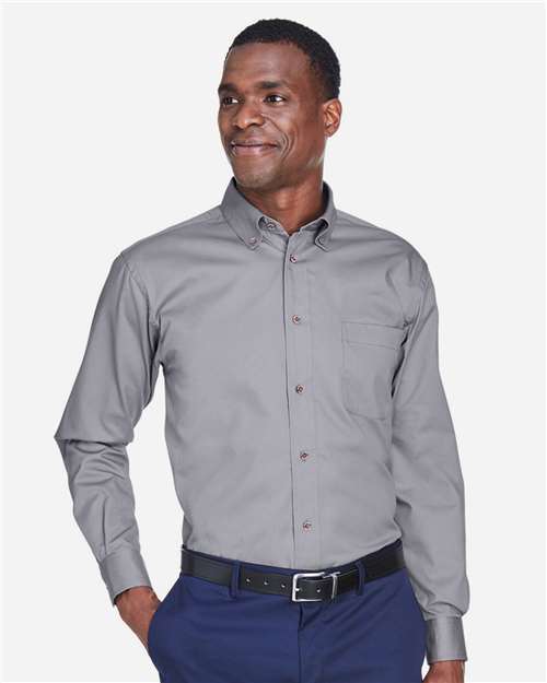 Harriton M500T Men's Tall Easy Blend Long-Sleeve Twill Shirt with Stain-Release #color_DARK GREY
