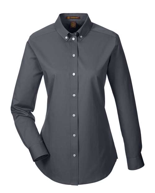 Harriton M581W Ladies' Foundation 100% Cotton Long-Sleeve Twill Shirt withTeflon #color_DARK CHARCOAL