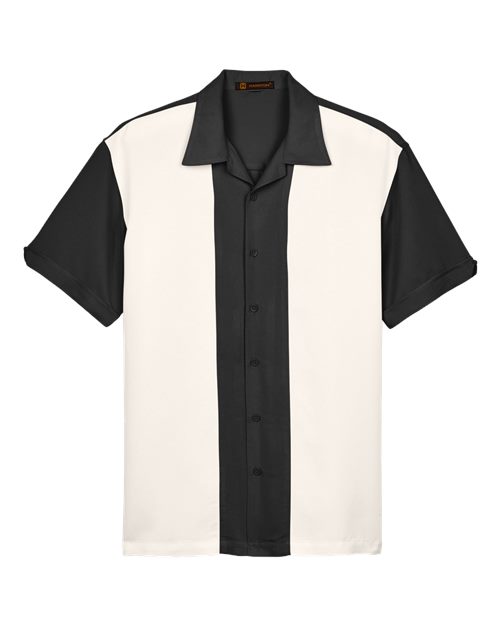 Harriton M575 Men's Two-Tone Bahama Cord Camp Shirt #color_BLACK/ CREME