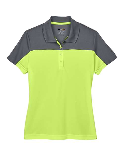 Core 365 CE101W Ladies' Balance Colorblock Performance Piqu Polo #color_SFTY YLW/ CRBN