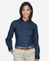 Harriton M550W Ladies' 6.5 oz. Long-Sleeve Denim Shirt #color_DARK DENIM
