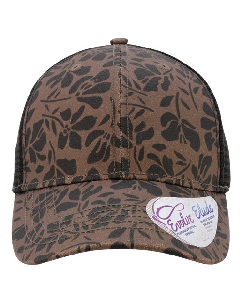 Infinity Her CHARLIE Women's Modern Trucker Cap #color_Chocolate Floral/ Black