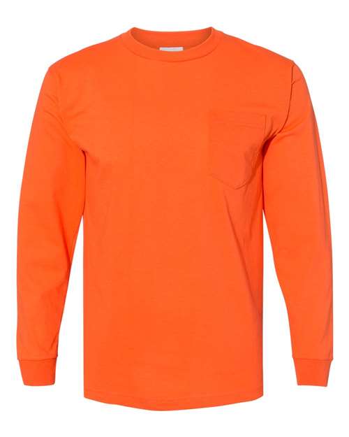 Bayside BA8100 Adult 6.1 oz., 100% Cotton Long Sleeve Pocket T-Shirt #color_BRIGHT ORANGE