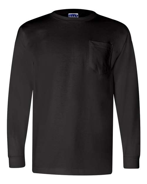 Bayside BA3055 Unisex Union-Made Long-Sleeve Pocket Crew T-Shirt #color_BLACK
