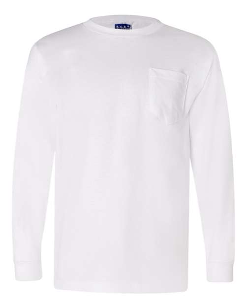 Bayside BA3055 Unisex Union-Made Long-Sleeve Pocket Crew T-Shirt #color_WHITE