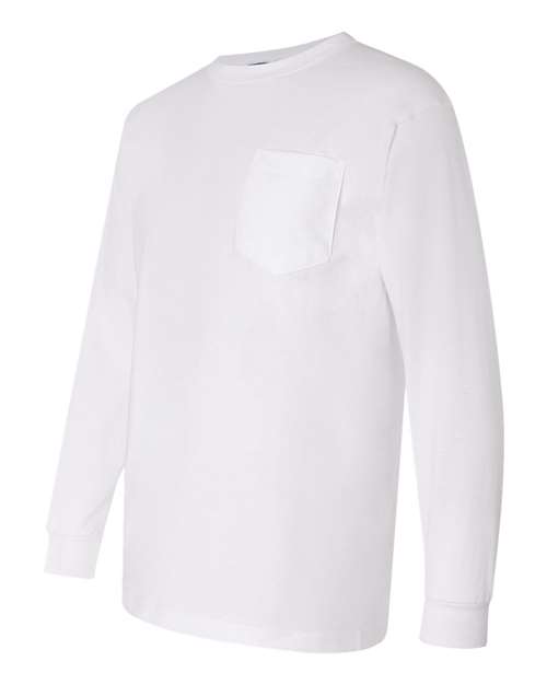 Bayside BA3055 Unisex Union-Made Long-Sleeve Pocket Crew T-Shirt #color_WHITE