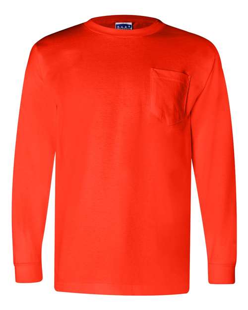 Bayside BA3055 Unisex Union-Made Long-Sleeve Pocket Crew T-Shirt #color_BRIGHT ORANGE