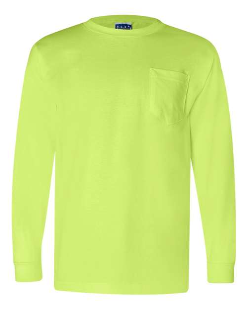 Bayside BA3055 Unisex Union-Made Long-Sleeve Pocket Crew T-Shirt #color_LIME GREEN