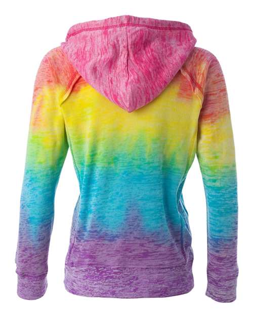 MV Sport W1162 Women’s Courtney Burnout V-Notch Hooded Sweatshirt #color_Rainbow Stripe