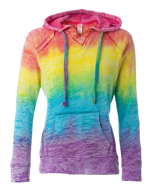 MV Sport W1162 Women’s Courtney Burnout V-Notch Hooded Sweatshirt #color_Rainbow Stripe