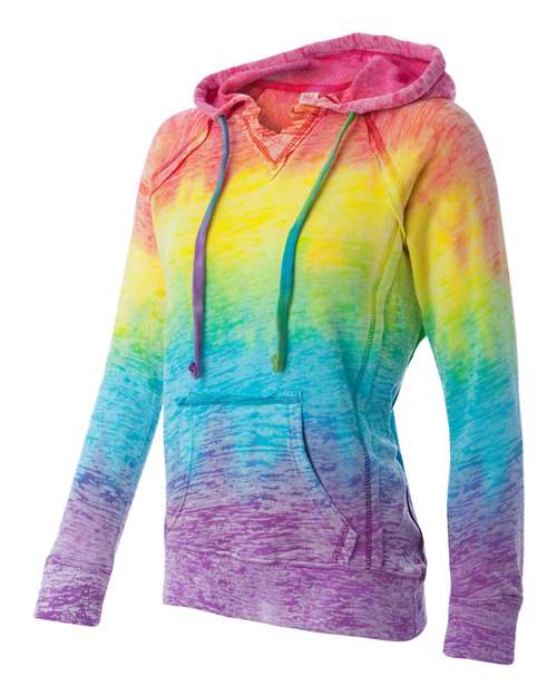 MV Sport W1162 Women’s Courtney Burnout V-Notch Hooded Sweatshirt #color_Rainbow Stripe