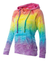 MV Sport W1162 Women’s Courtney Burnout V-Notch Hooded Sweatshirt #color_Rainbow Stripe