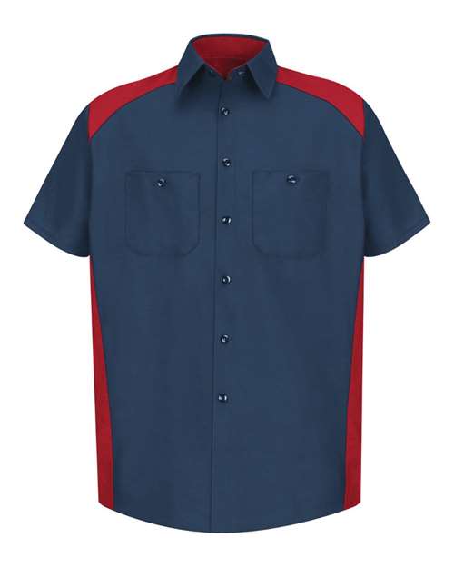 Red Kap SP28 Short Sleeve Motorsports Shirt #color_Navy/ Red
