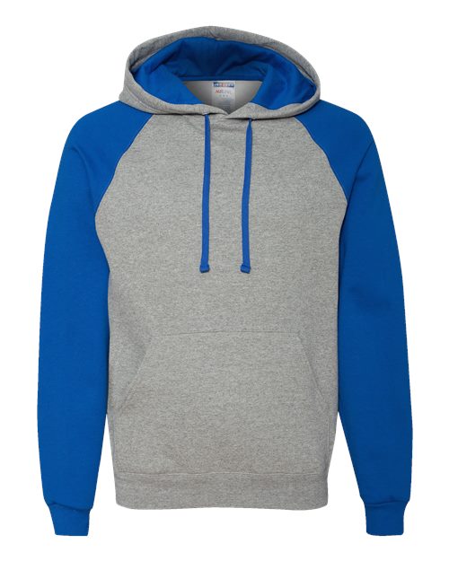 Jerzees 96CR Adult NuBlend Colorblock Raglan Pullover Hooded Sweatshirt #color_OXFORD/ ROYAL