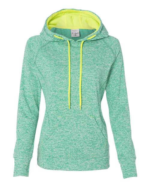 J America JA8616 Ladies' Cosmic Contrast Fleece Hooded Sweatshirt #color_EMER FLK/ NEO YL