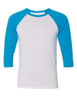 Bella + Canvas 3200 Unisex 3/4-Sleeve Baseball T-Shirt #color_WHITE/ NEON BLUE