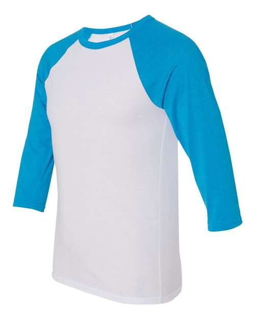 Bella + Canvas 3200 Unisex 3/4-Sleeve Baseball T-Shirt #color_WHITE/ NEON BLUE