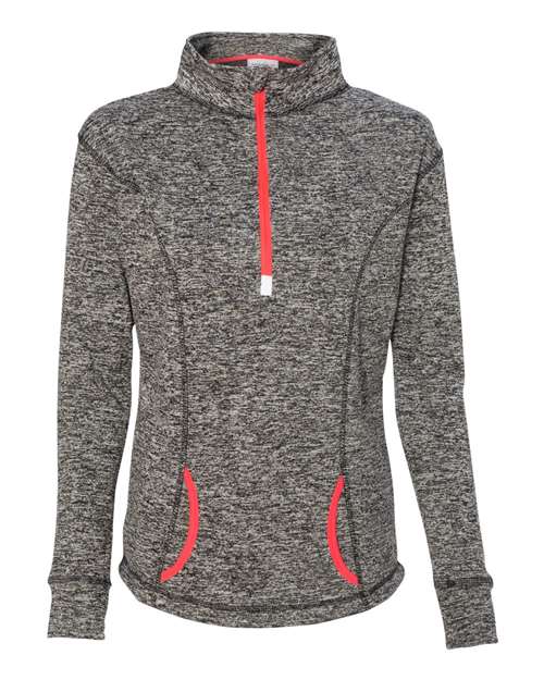 J America JA8617 Ladies' Cosmic Fleece Quarter-Zip #color_CHAR/ FIRE CORAL