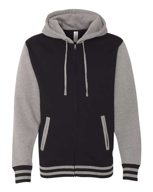 Independent Trading Co. IND45UVZ Heavyweight Varsity Full-Zip Hooded Sweatshirt #color_Black/ Gunmetal Heather